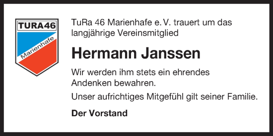 Traueranzeige von Hermann Janssen 