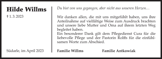 Traueranzeige von Hilde Willms 