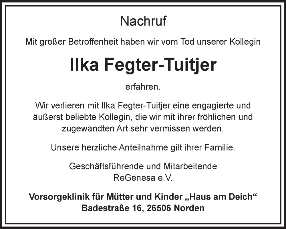 Traueranzeige für Ilka Fegter-Tuitjer vom 01.04.2023 aus 