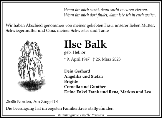 Traueranzeige von Ilse Balk 