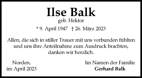 Traueranzeige von Ilse Ball 