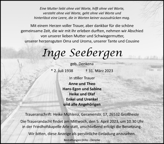 Traueranzeige von Inge Seebergen 