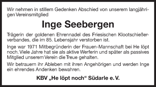Traueranzeige von Inge Seebergen 