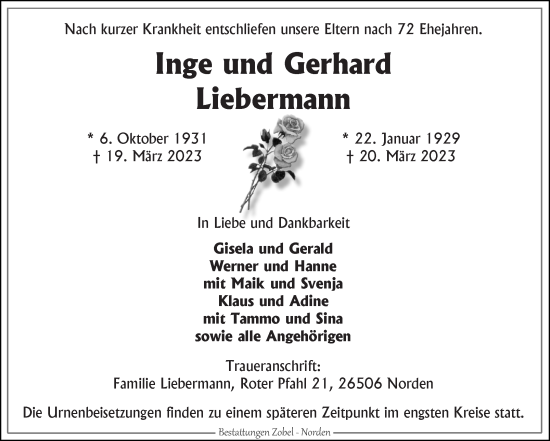 Traueranzeige von Inge und Gerhard Liebermann 