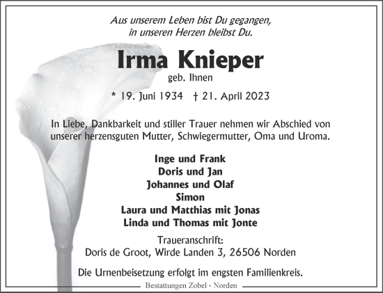 Traueranzeige von Irma Knieper 