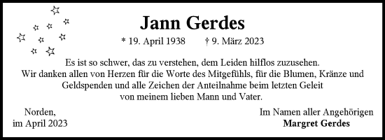 Traueranzeige von Jann Gerdes 