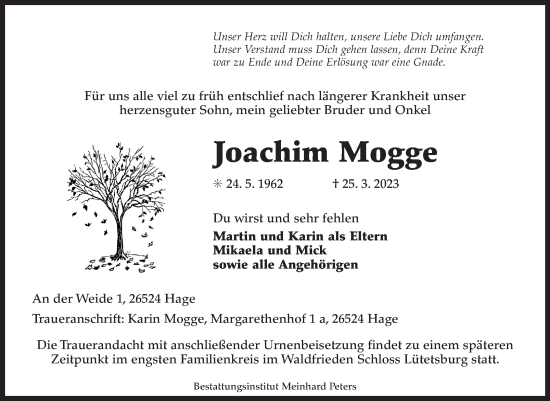 Traueranzeige von Joachim Mogge 