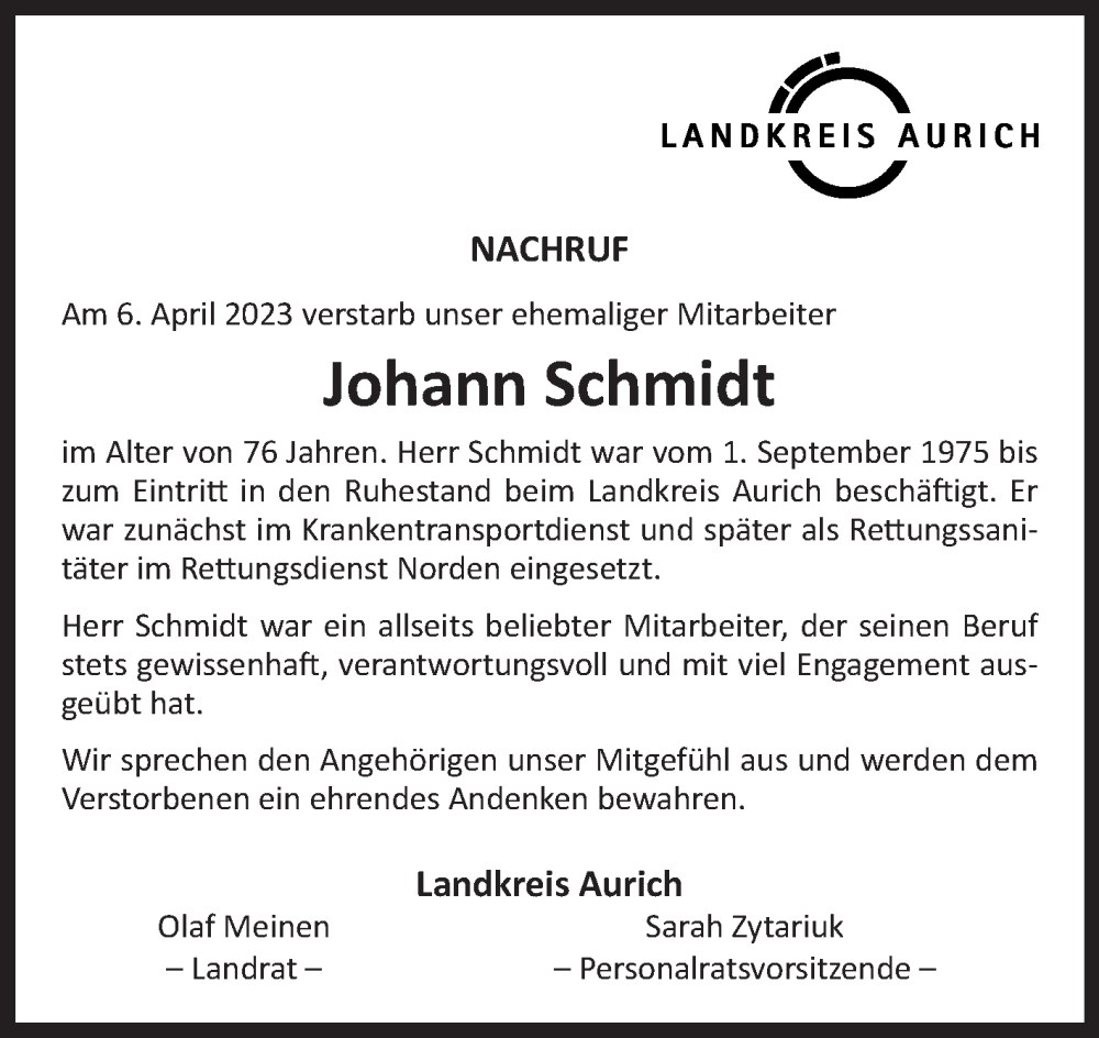  Traueranzeige für Johann Schmidt vom 14.04.2023 aus 