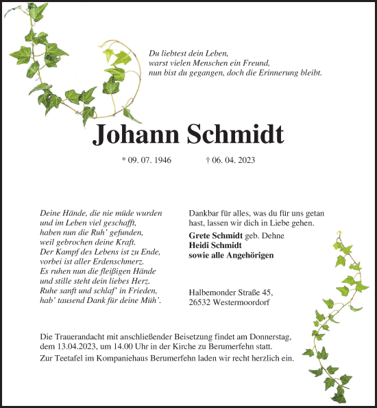 Traueranzeige von Johann Schmidt 