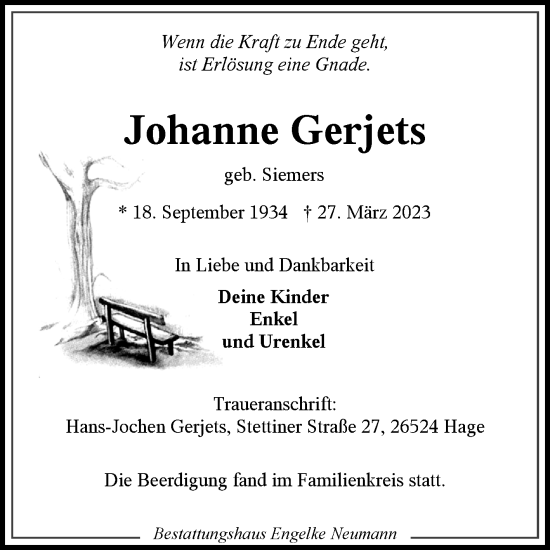 Traueranzeige von Johanne Gerjets 