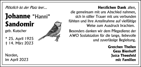 Traueranzeige von Johanne Sandomir 