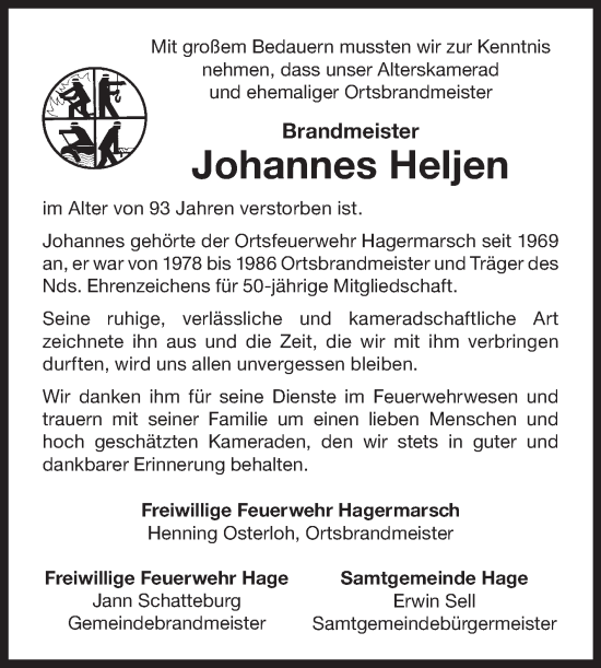 Traueranzeige von Johannes Heljen 