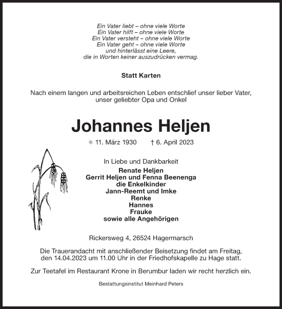Traueranzeige von Johannes Heljen 