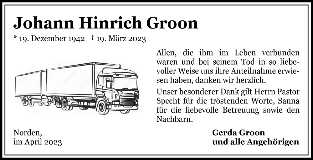  Traueranzeige für Johann Hinrich Groon vom 29.04.2023 aus 