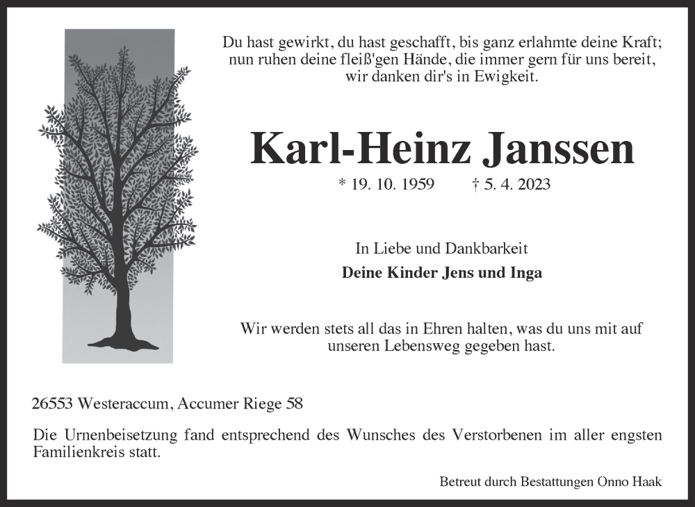 Traueranzeige für Karl-Heinz Janssen vom 22.04.2023 aus 