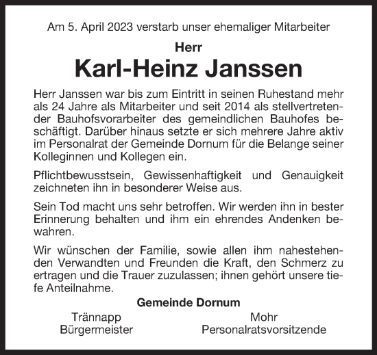 Traueranzeige von Karl-Heinz Janssen 