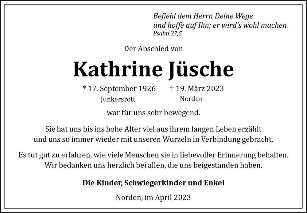  Traueranzeige für Kathrine Jüsche vom 12.04.2023 aus 
