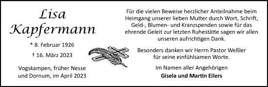 Traueranzeige von Lisa Kapfermann 