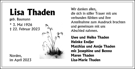 Traueranzeige von Lisa Thaden 