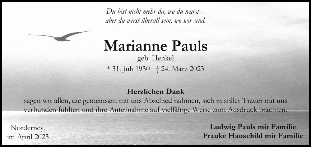  Traueranzeige für Marianne Pauls vom 29.04.2023 aus 