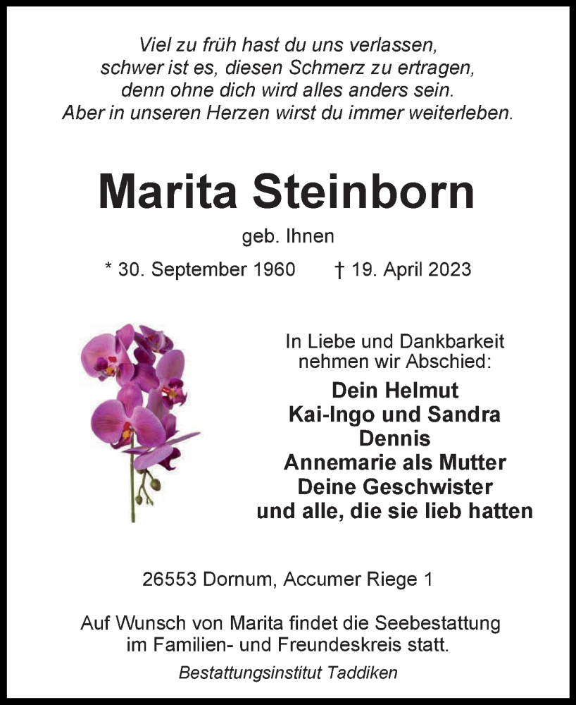  Traueranzeige für Marita Steinborn vom 22.04.2023 aus 