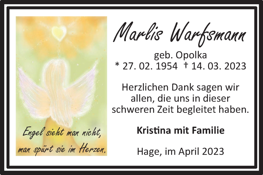  Traueranzeige für Marlis Warfsmann vom 29.04.2023 aus 