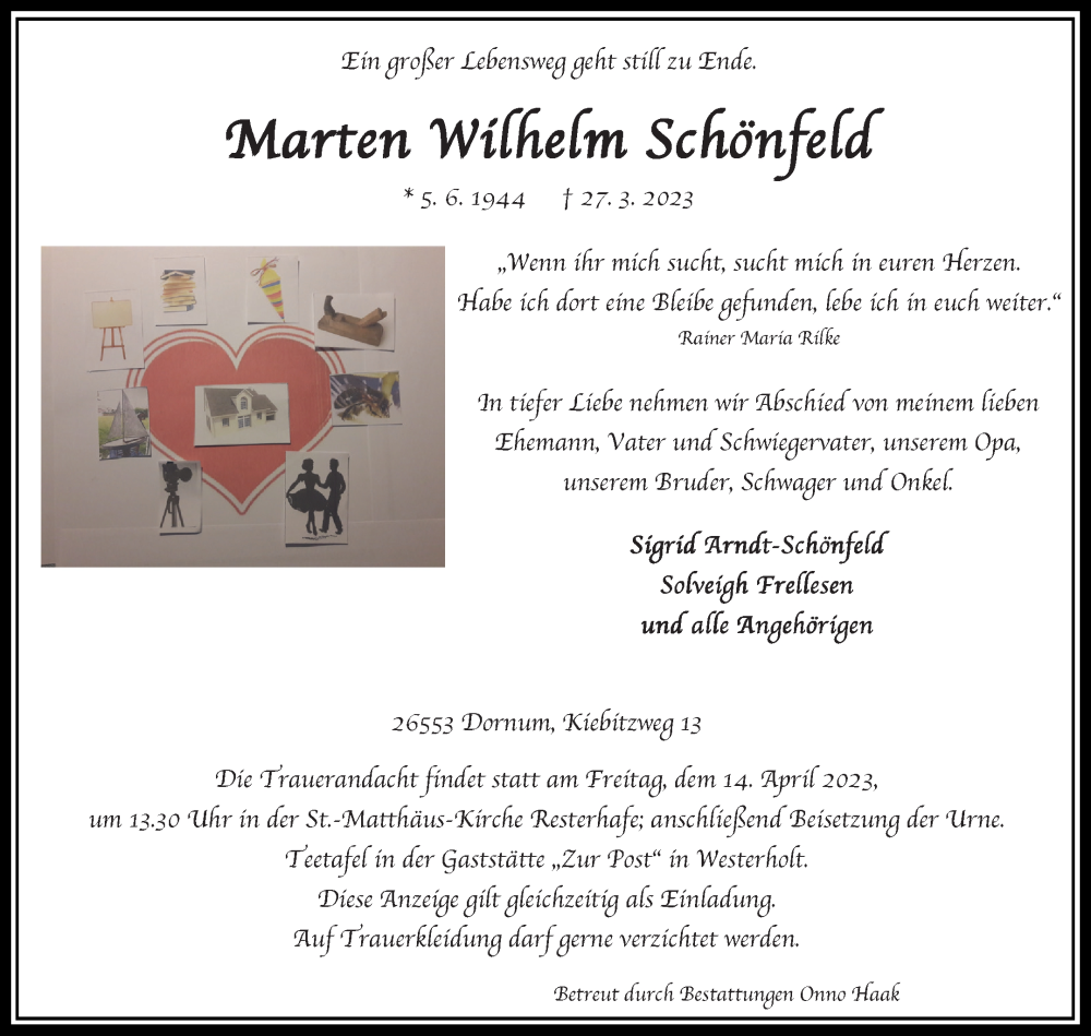  Traueranzeige für Marten Wilhelm Schönfeld vom 01.04.2023 aus 