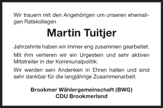 Traueranzeige von Martin Tuitjer 