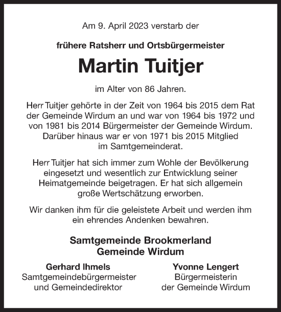 Traueranzeige von Martin Tuitjer 