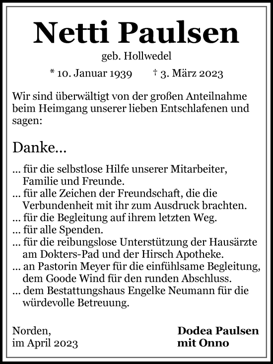 Traueranzeige von Netti Paulsen 