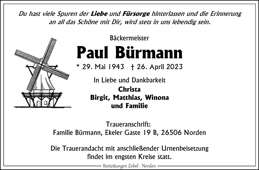  Traueranzeige für Paul Bürmann vom 29.04.2023 aus 