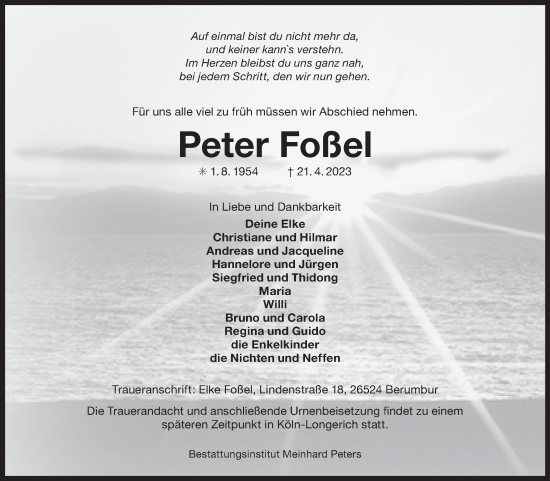 Traueranzeige von Peter Foßel 