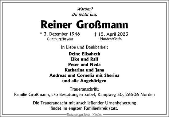 Traueranzeige von Reiner Großmann 
