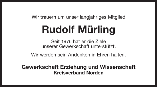 Traueranzeige von Rudolf Mürling 