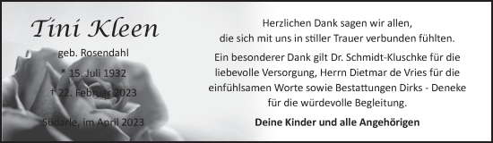 Traueranzeige von Tini Kleen 