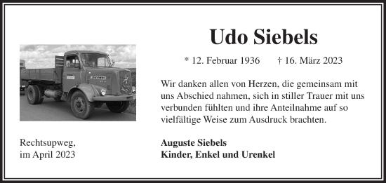 Traueranzeige von Udo Siebels 
