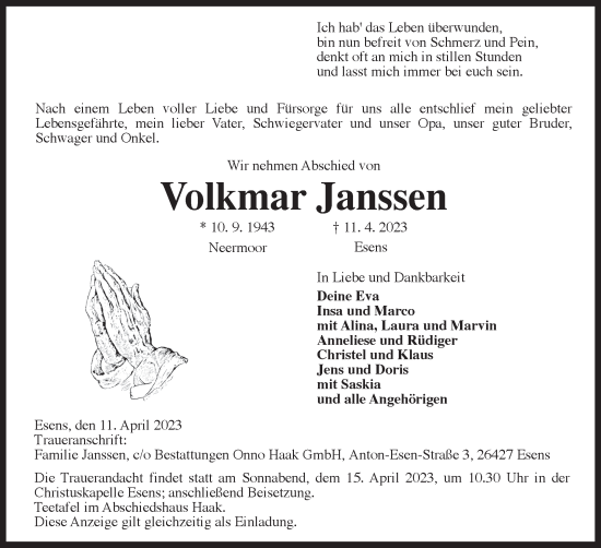 Traueranzeige von Volkmar Janssen 