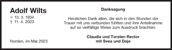 Traueranzeige von Adolf Wilts 
