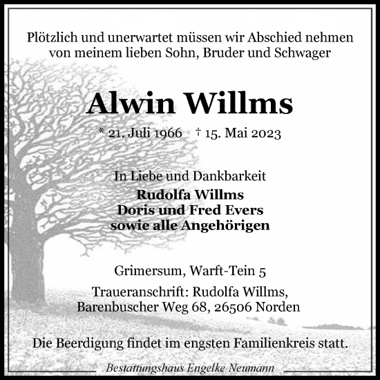 Traueranzeige von Alwin Willms 