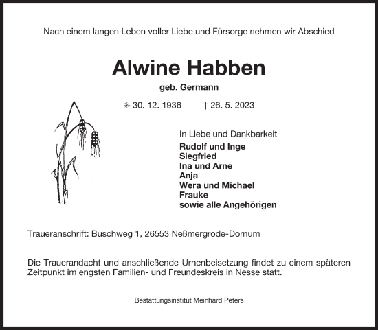 Traueranzeige von Alwine Habben 