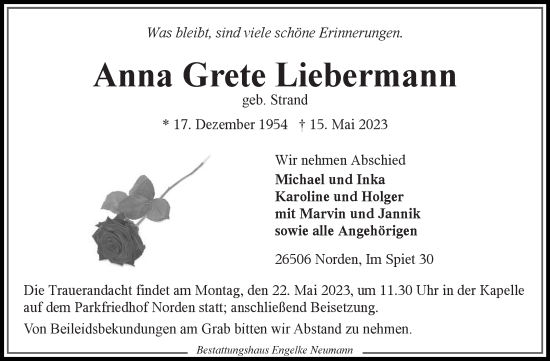 Traueranzeige von Anna Grete Liebermann 