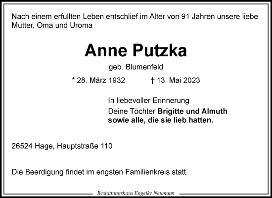 Traueranzeige von Anne Putzka 