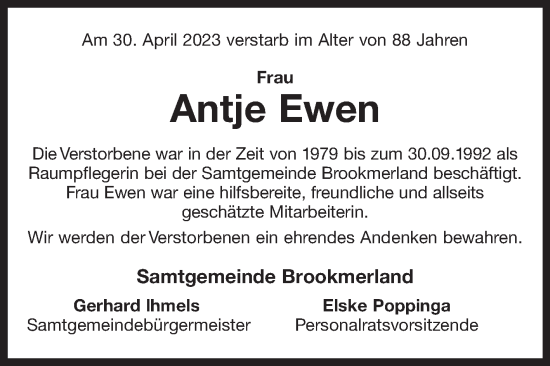 Traueranzeige von Antje Ewen 