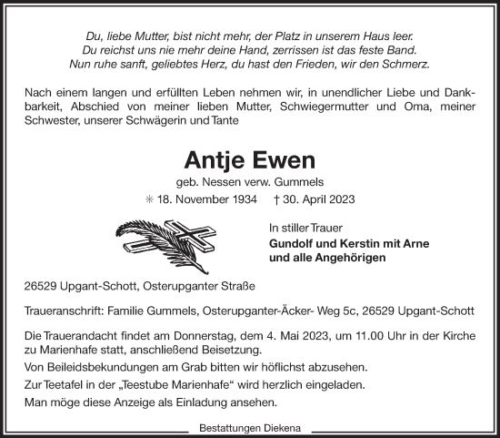 Traueranzeige von Antje Ewen 