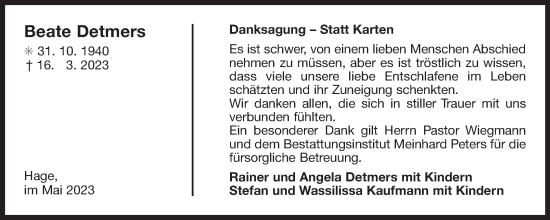 Traueranzeige von Beate  Detmers 