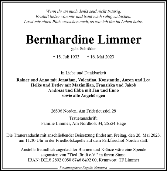 Traueranzeige von Bernhardine Limmer 