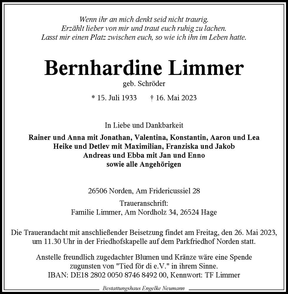  Traueranzeige für Bernhardine Limmer vom 20.05.2023 aus 