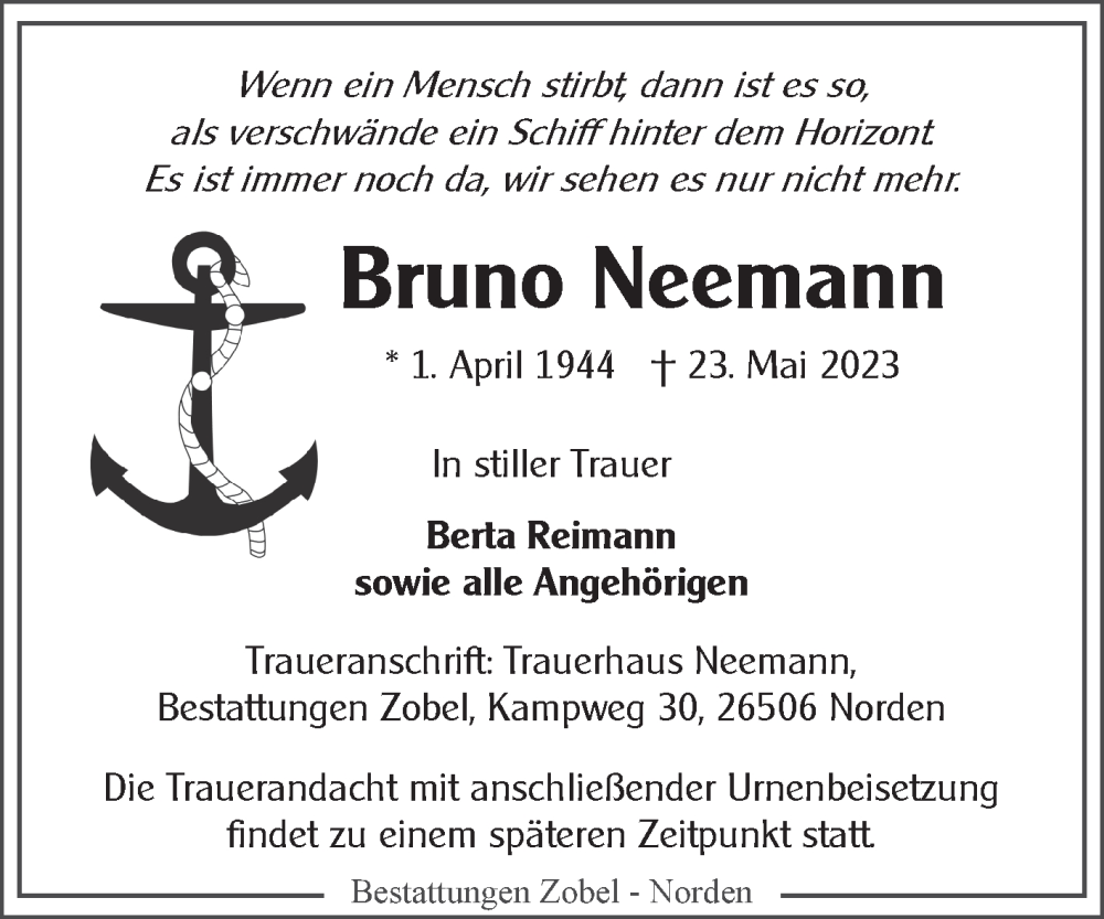  Traueranzeige für Bruno Neemann vom 27.05.2023 aus 