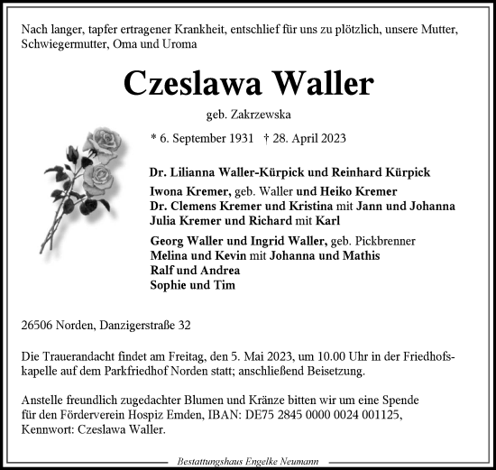 Traueranzeige von Czeslawa Waller 