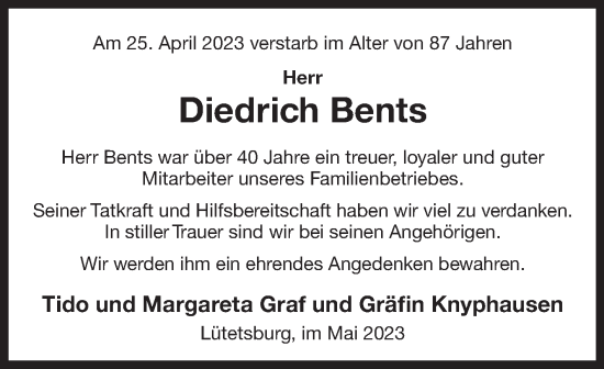 Traueranzeige von Diedrich Bents 